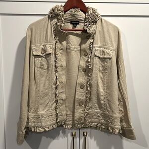 Claudia Ev Blazer Jacket Ruffles Linen Button Down Beige Tan Size 10 (Medium)